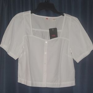 Levi's White Puff Sleeve Button-Front Crop Top